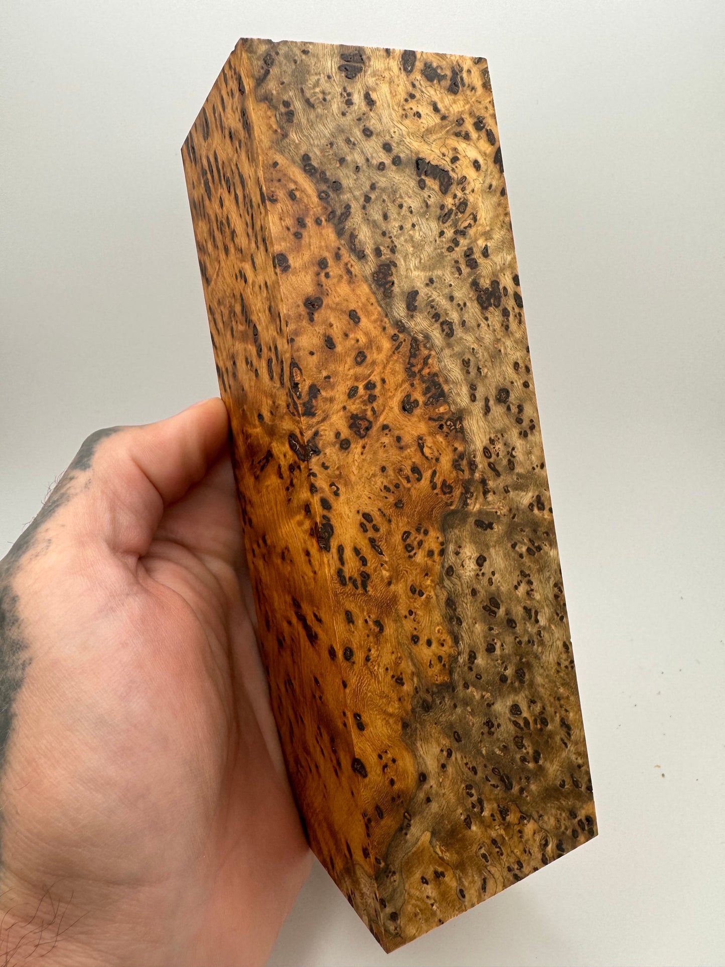 Stabilized Heart/Sap Birdseye Amboyna Burl Block 6 15/16” x 2 1/16” x 2 3/16”