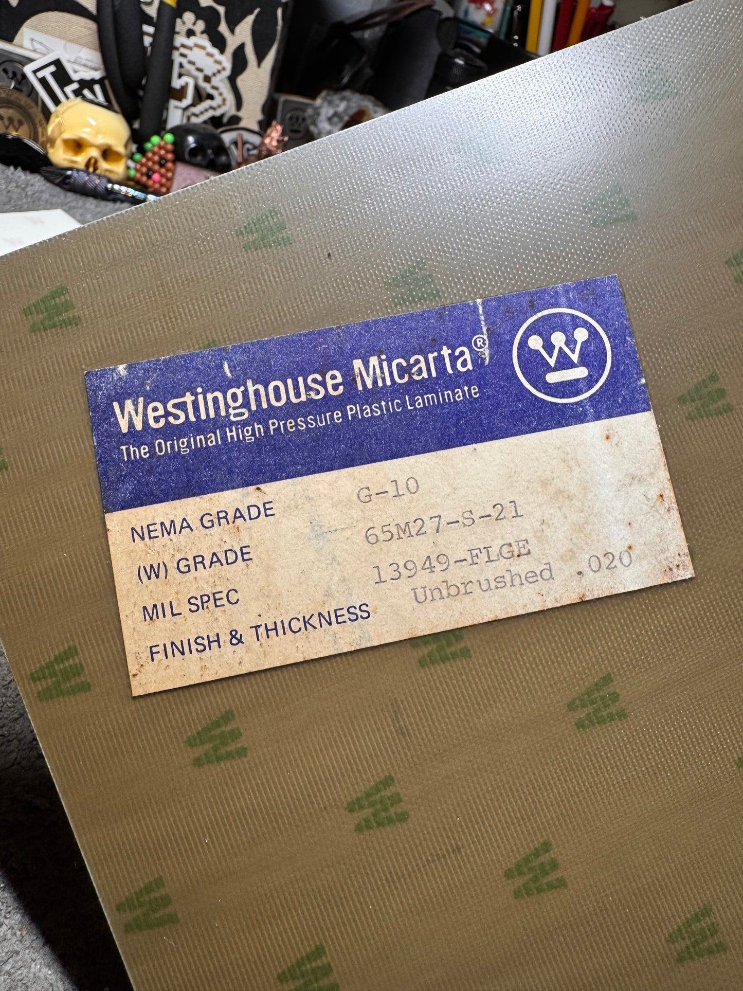 Vintage Westinghouse Logo OD Green G10 (inlay/underlay) 5” x 2 15/16” x .02”