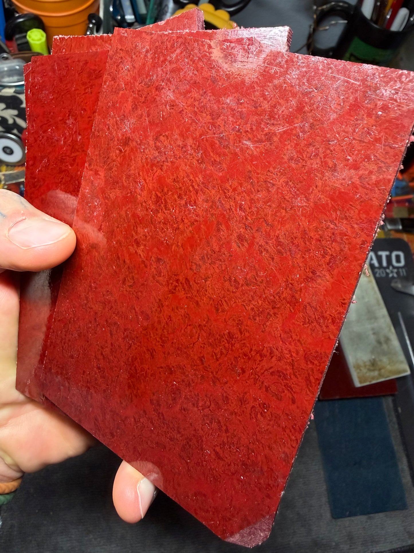 Vintage Bright Red Rag Micarta 5” x 3” x .14+”