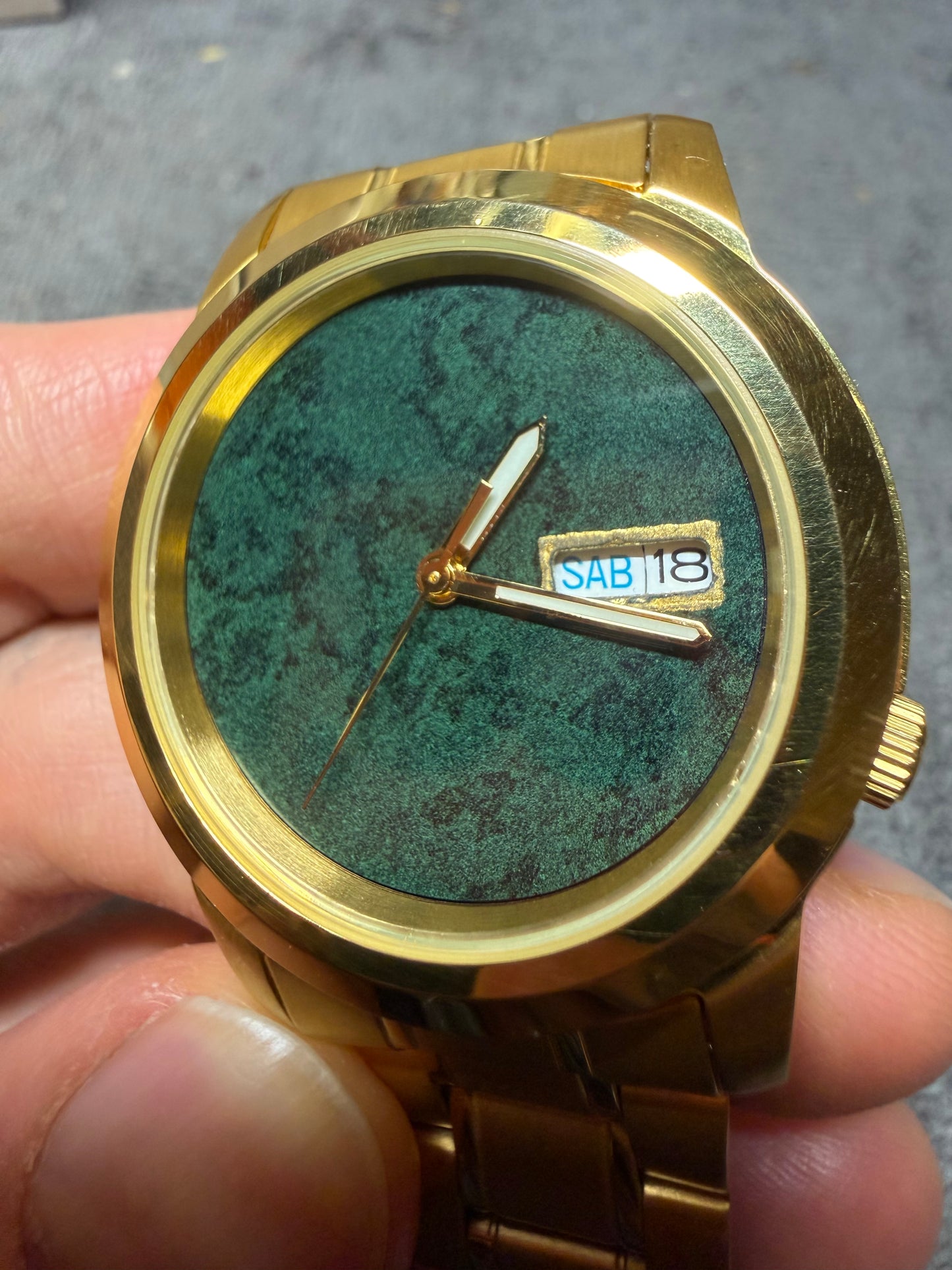 Used Custom Modded Gold Seiko 5 With Vintage Emerald Paper Dial