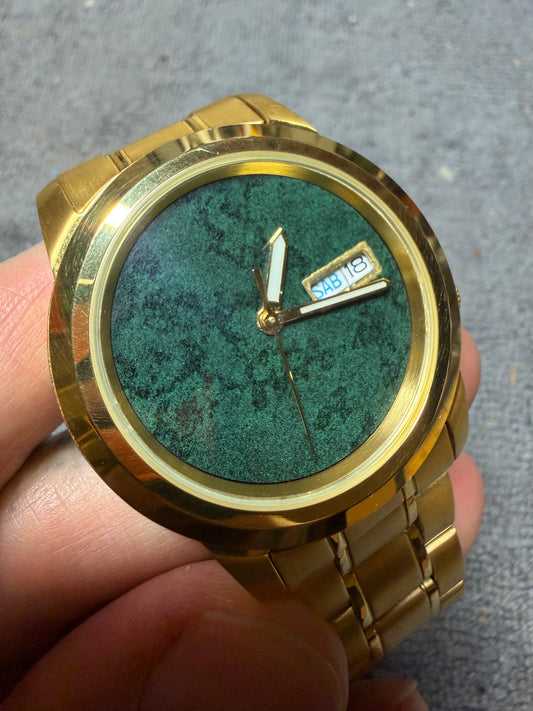 Used Custom Modded Gold Seiko 5 With Vintage Emerald Paper Dial