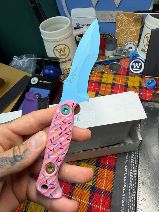 Half Face Blades Dessert Warrior Extremis Fixed Blade Knife Pink G10 (3.5" Blue) #13/50