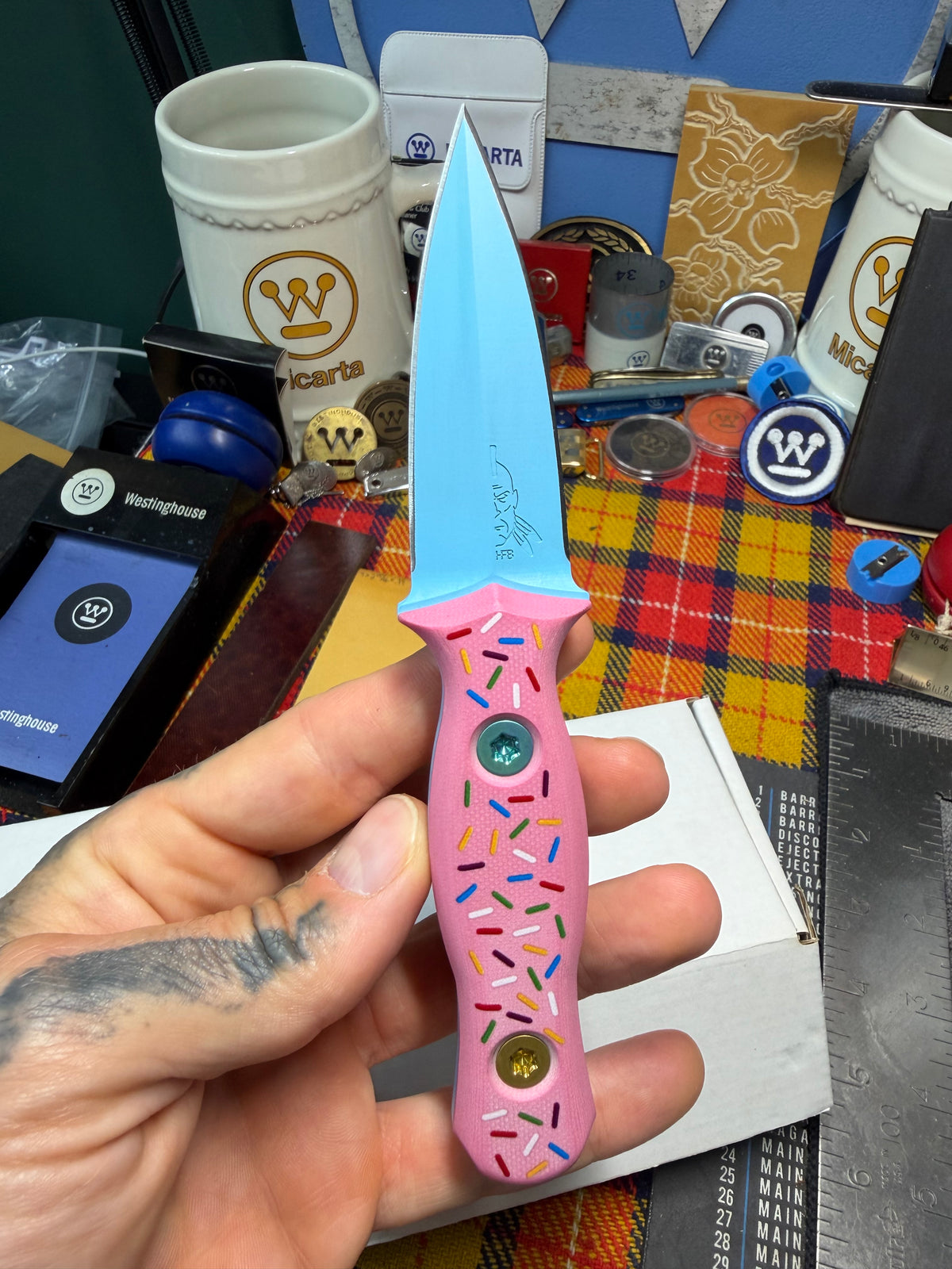 Half Face Blades Dessert Warrior Trident Fixed Blade Knife Pink G-10 (3" Blue) #39/50