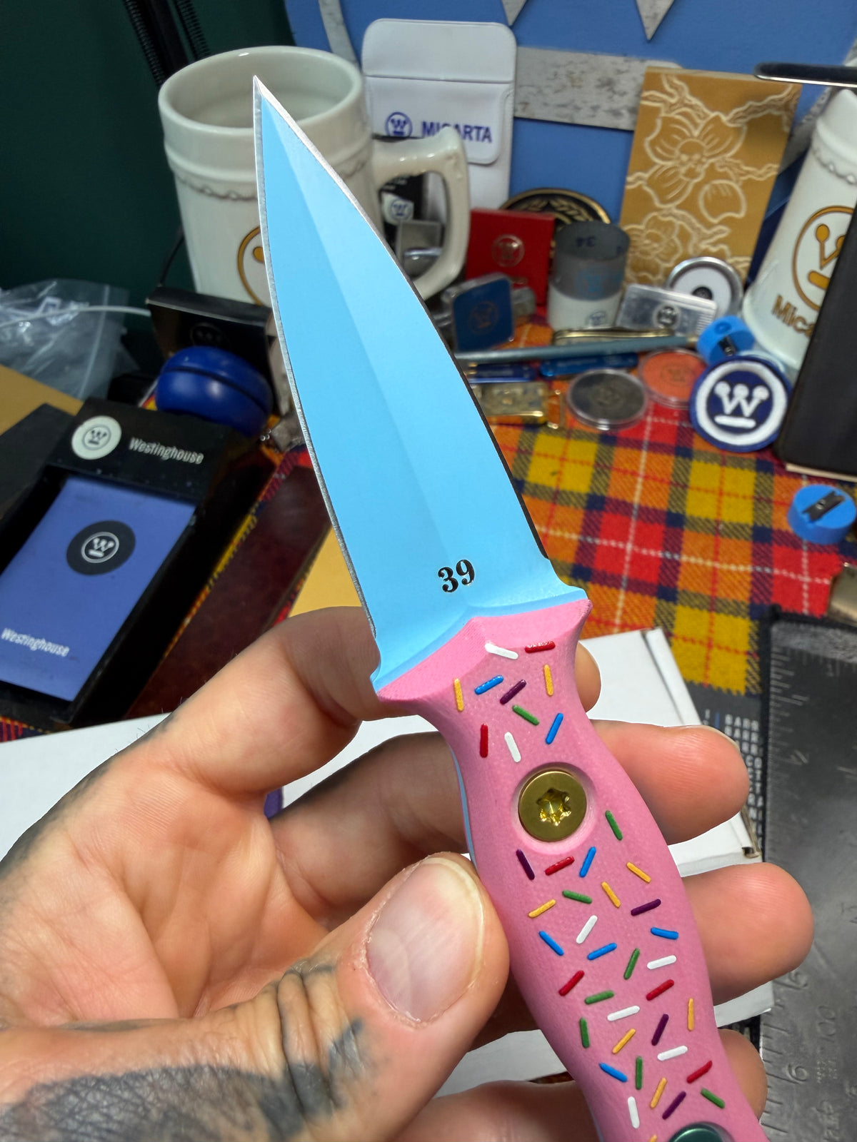 Half Face Blades Dessert Warrior Trident Fixed Blade Knife Pink G-10 (3" Blue) #39/50