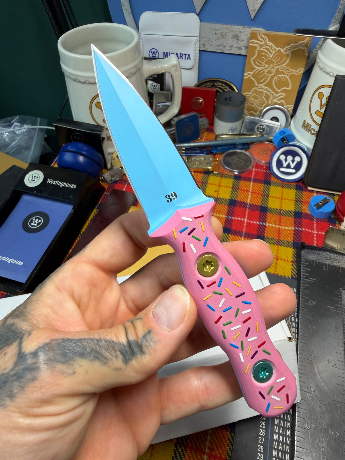 Half Face Blades Dessert Warrior Trident Fixed Blade Knife Pink G-10 (3" Blue) #39/50