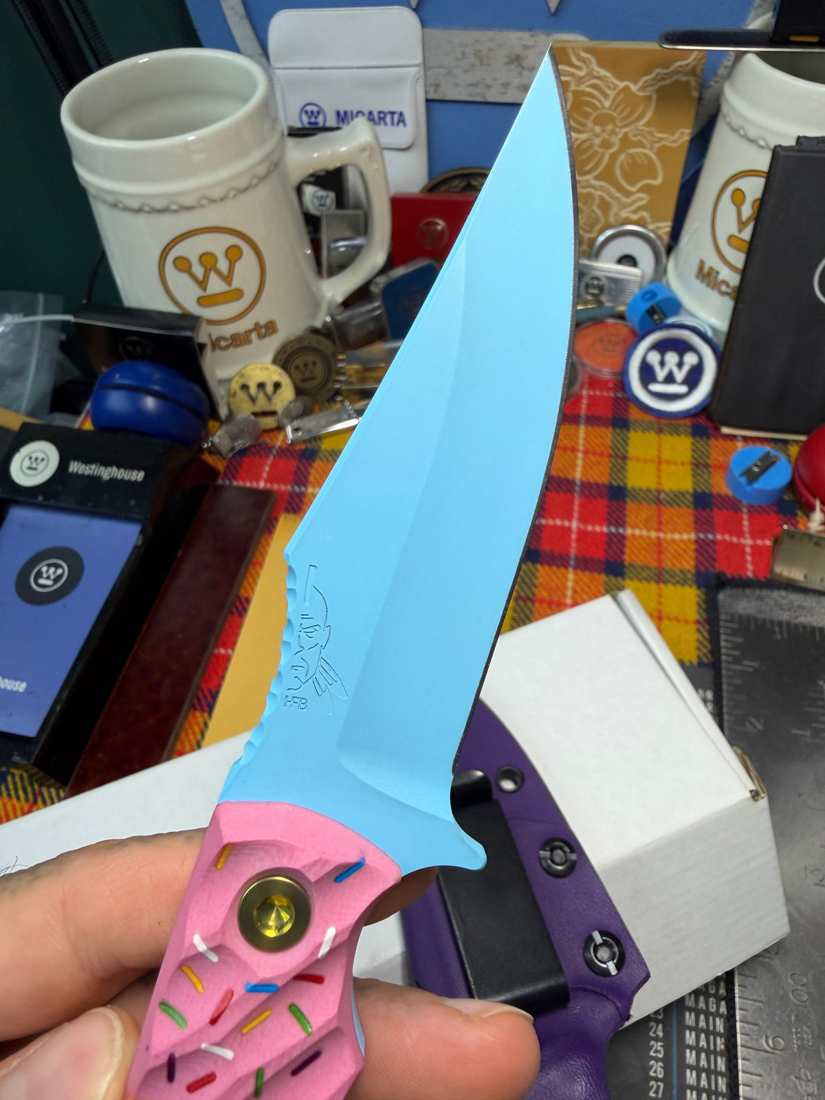 Half Face Blades Dessert Warrior Tosahwi Fixed Blade Knife Pink G-10 (4" Blue) #50/50