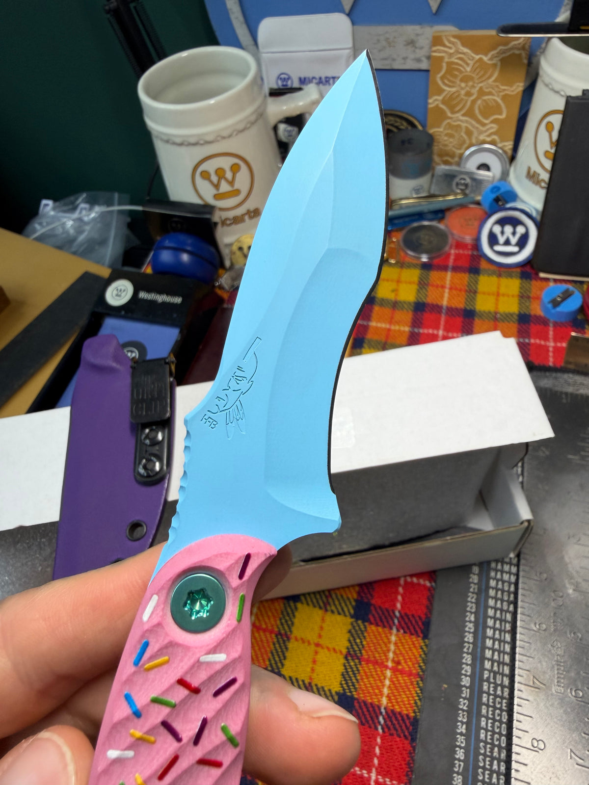 Half Face Blades Dessert Warrior Extremis Fixed Blade Knife Pink G10 (3.5" Blue) #13/50