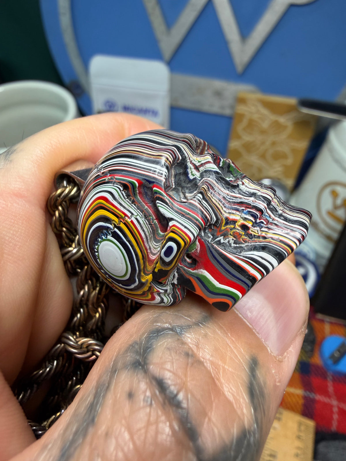 Hand-Carved Fordite Skull Pendant By Mark Noll