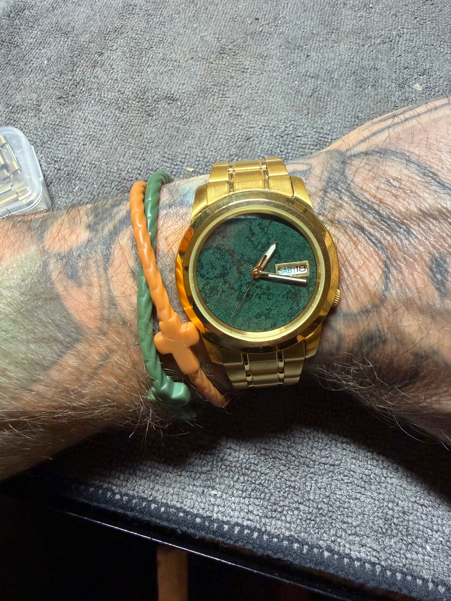 Used Custom Modded Gold Seiko 5 With Vintage Emerald Paper Dial