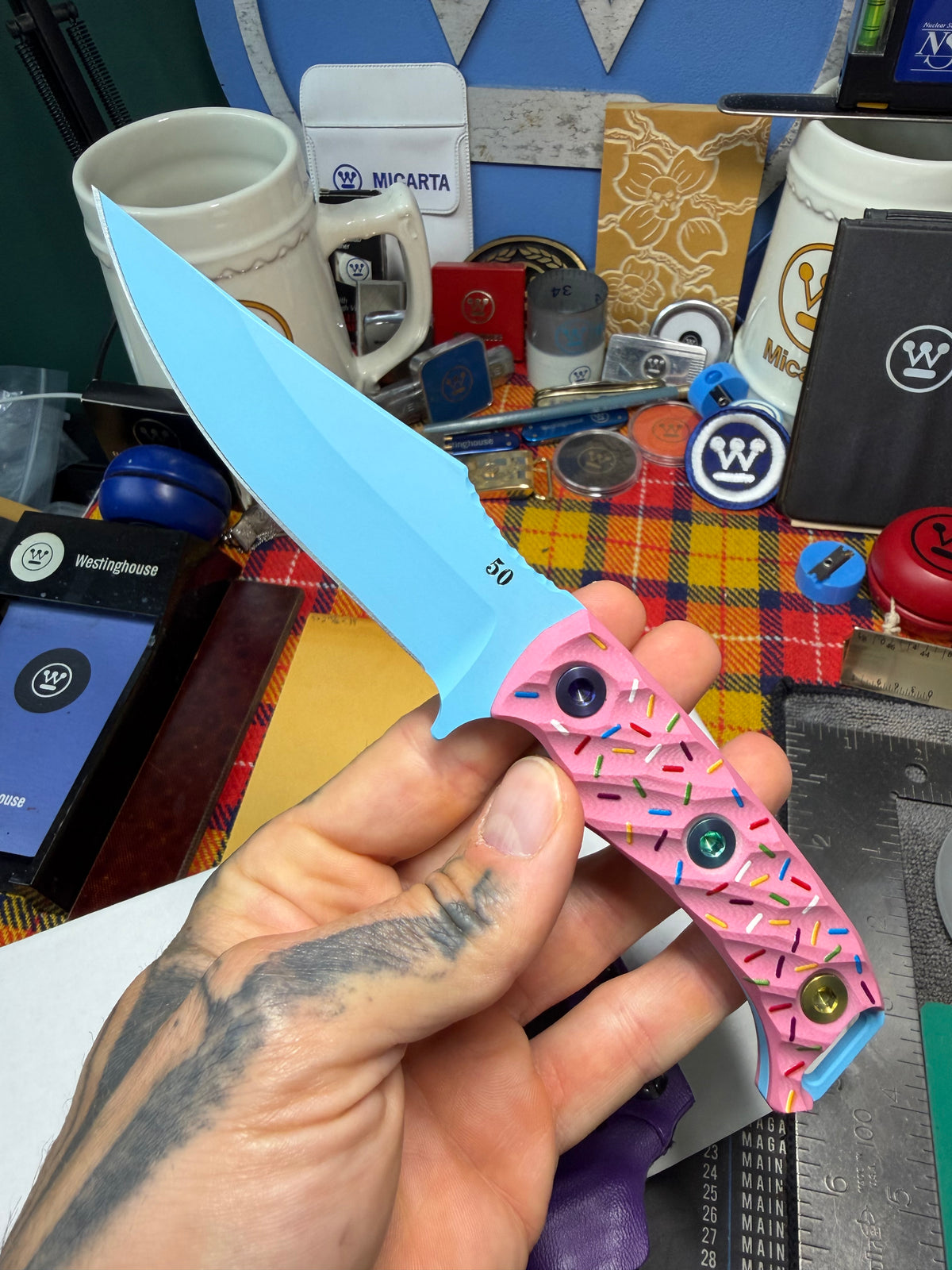 Half Face Blades Dessert Warrior Tosahwi Fixed Blade Knife Pink G-10 (4" Blue) #50/50