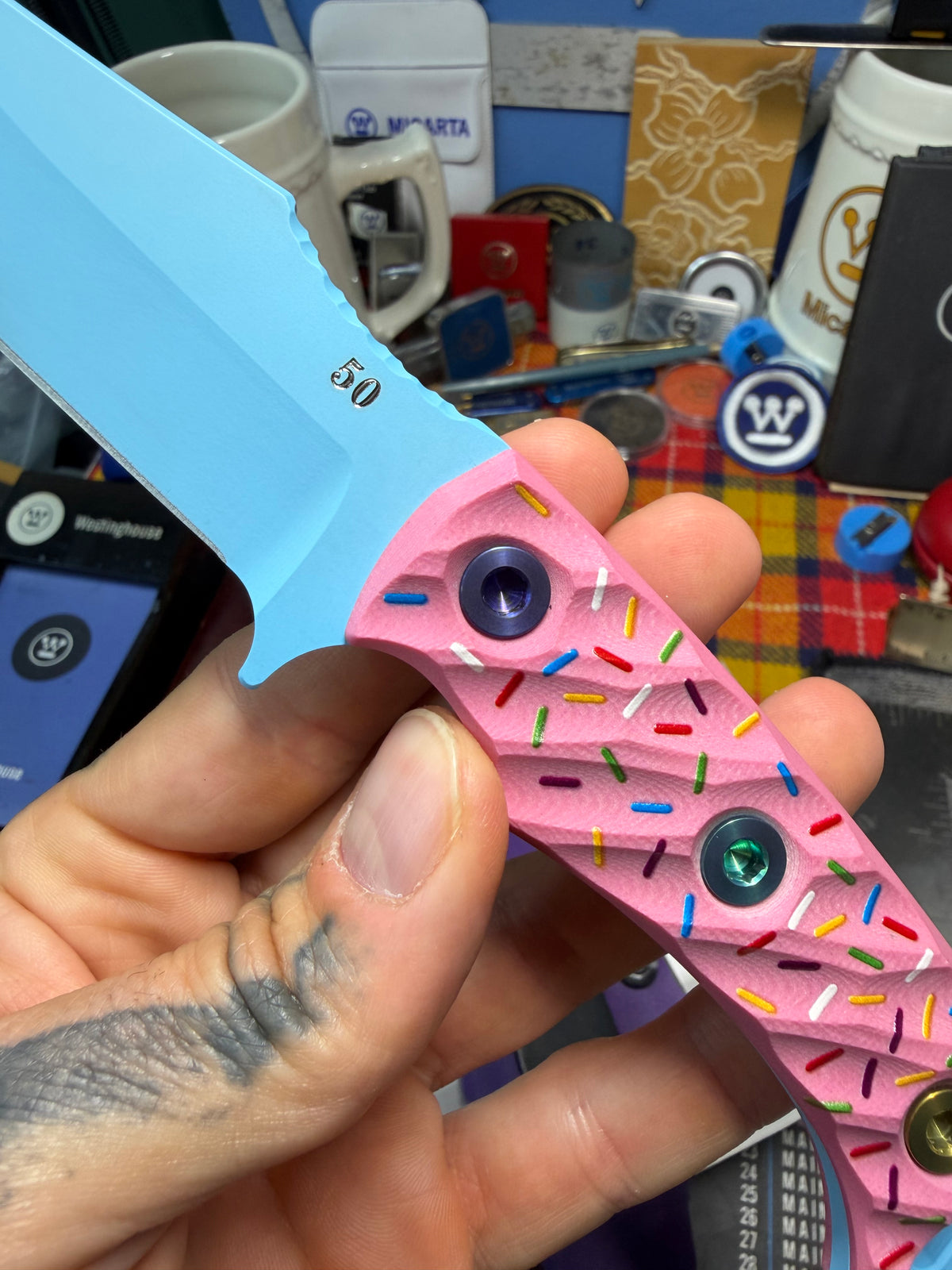 Half Face Blades Dessert Warrior Tosahwi Fixed Blade Knife Pink G-10 (4" Blue) #50/50