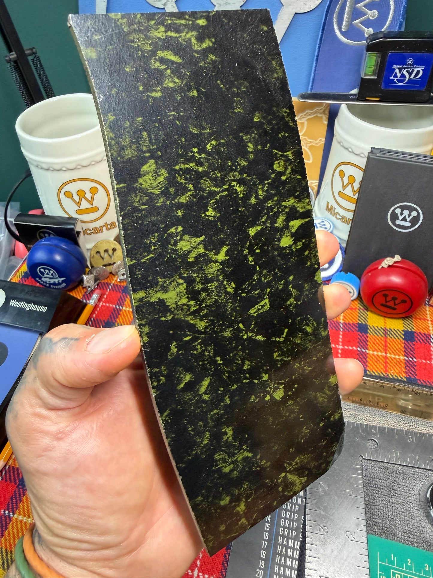 Antique Black/Green Speckled Bakelite 8 1/8”x3 1/4”x.138”