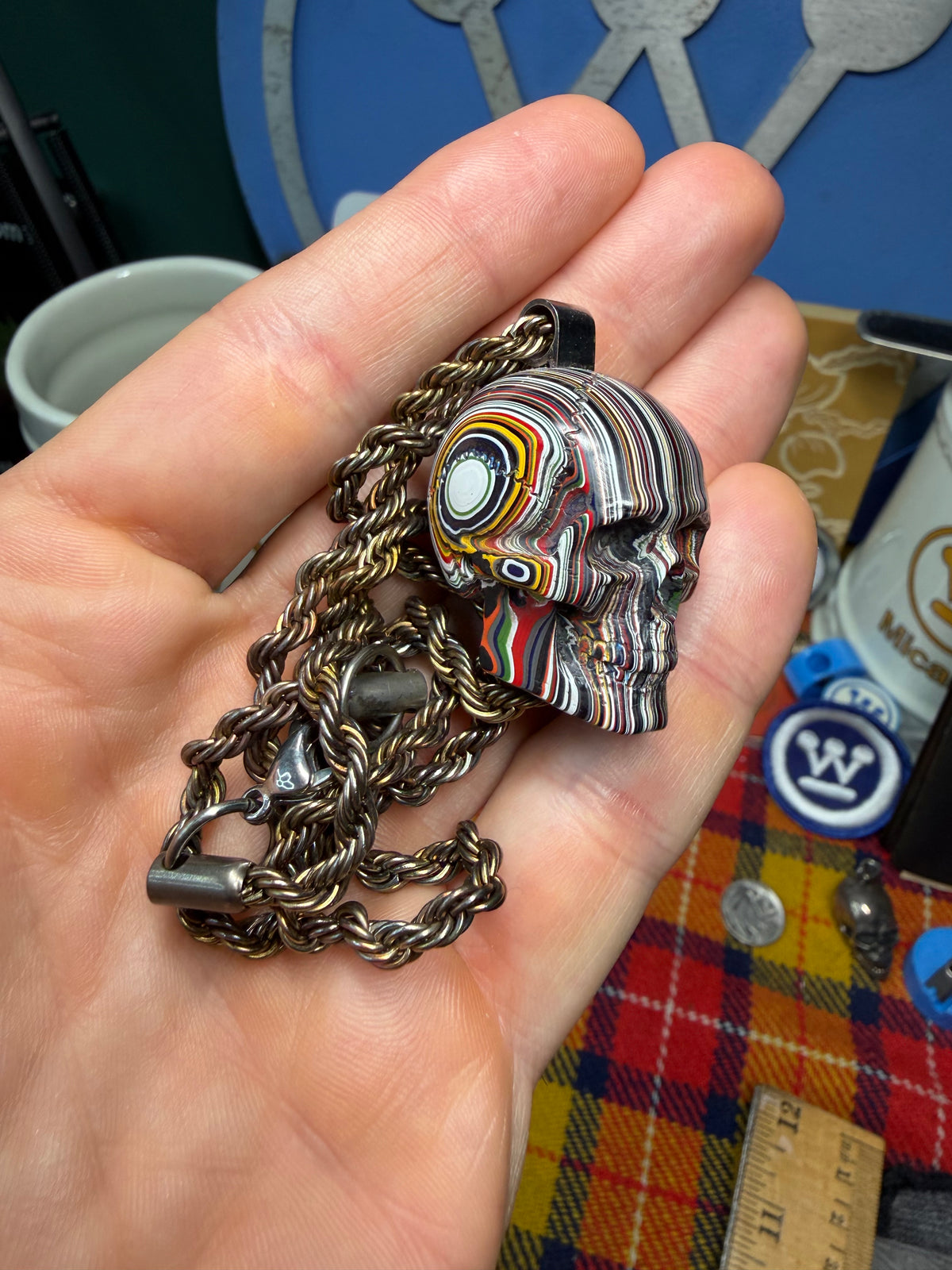 Hand-Carved Fordite Skull Pendant By Mark Noll