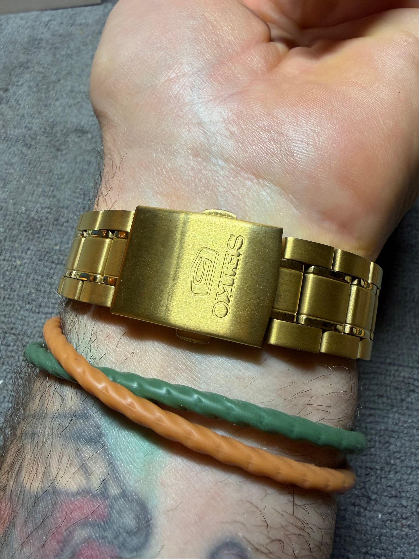 Used Custom Modded Gold Seiko 5 With Vintage Emerald Paper Dial