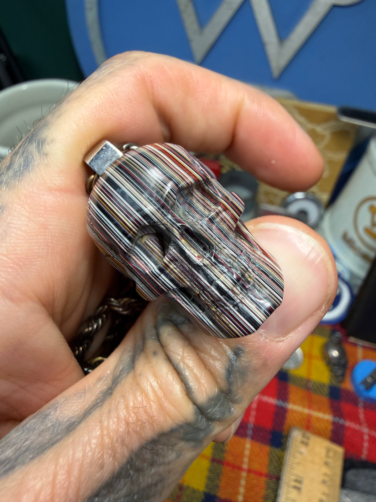 Hand-Carved Fordite Skull Pendant By Mark Noll
