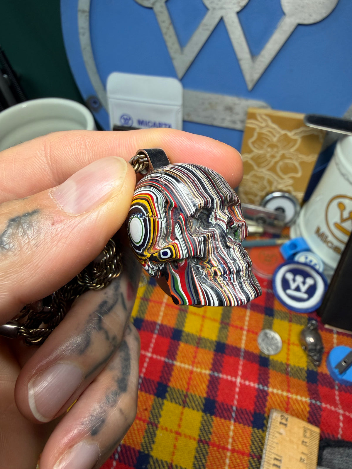 Hand-Carved Fordite Skull Pendant By Mark Noll