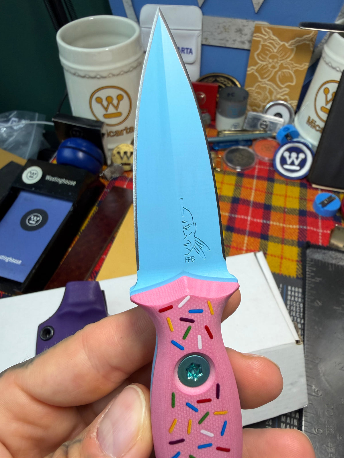 Half Face Blades Dessert Warrior Trident Fixed Blade Knife Pink G-10 (3" Blue) #39/50