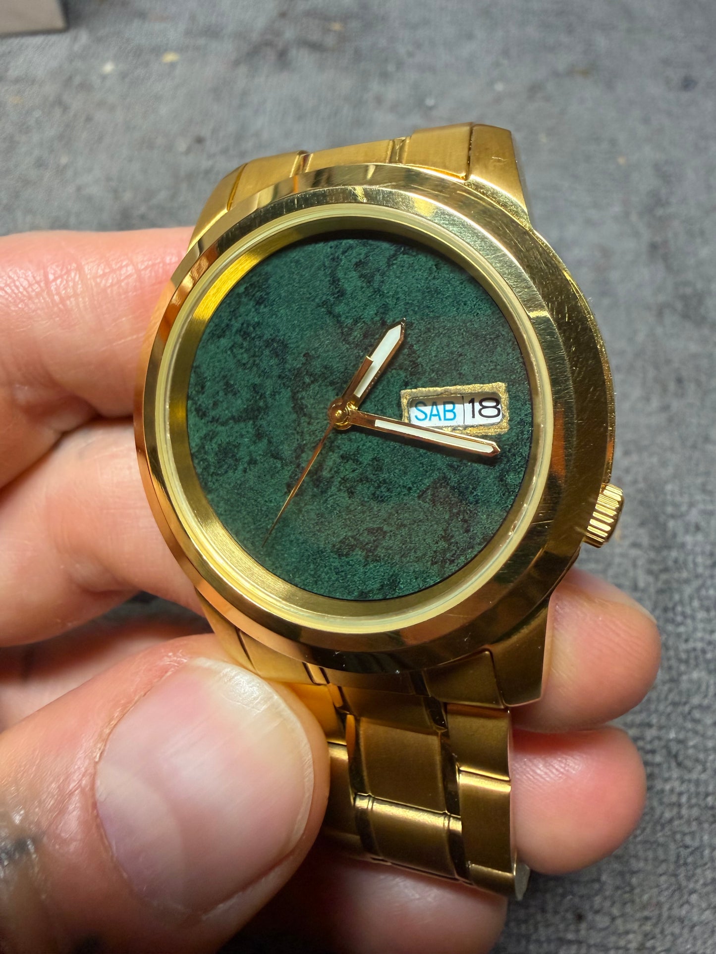 Used Custom Modded Gold Seiko 5 With Vintage Emerald Paper Dial