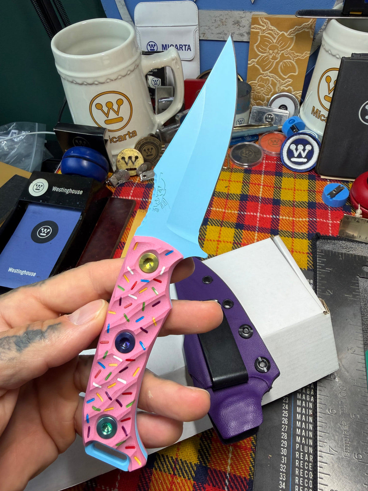 Half Face Blades Dessert Warrior Tosahwi Fixed Blade Knife Pink G-10 (4" Blue) #50/50