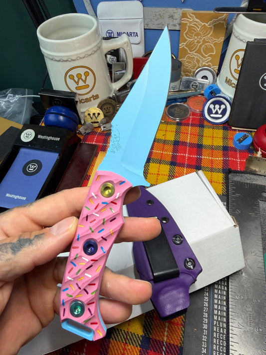 Half Face Blades Dessert Warrior Tosahwi Fixed Blade Knife Pink G-10 (4" Blue) #50/50