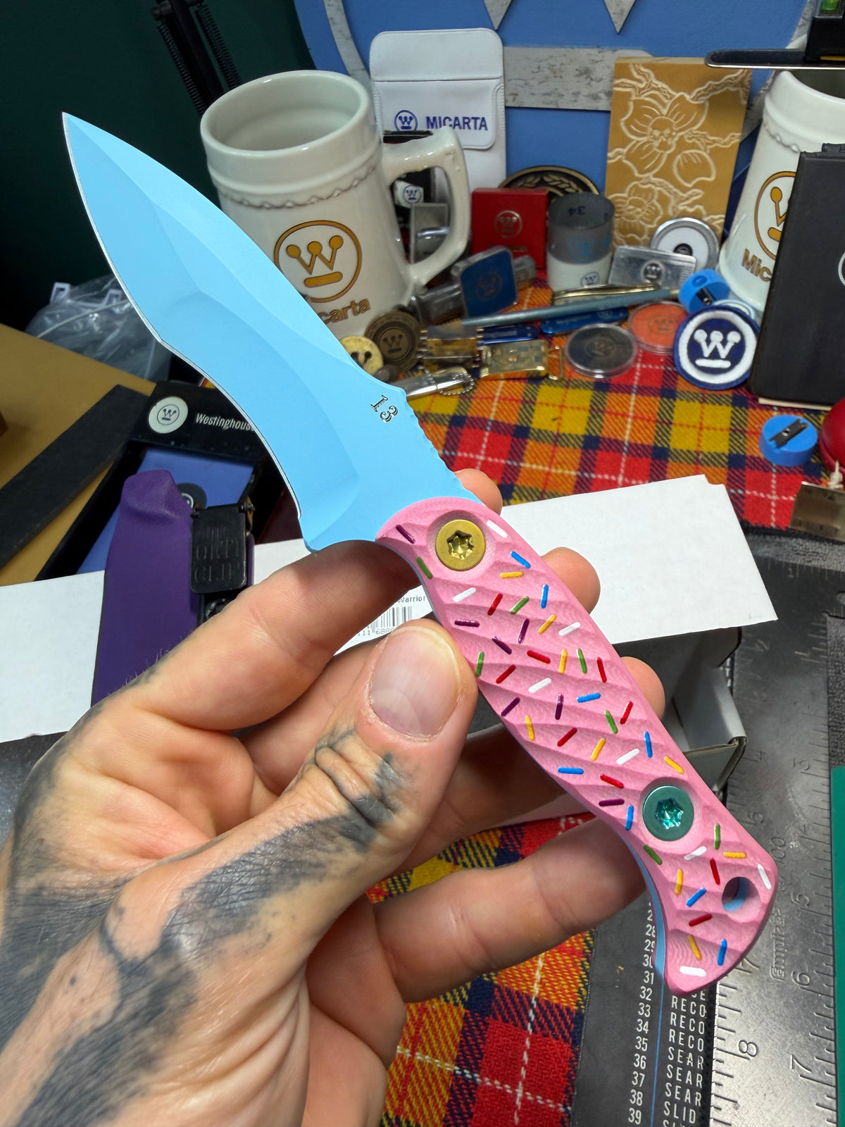 Half Face Blades Dessert Warrior Extremis Fixed Blade Knife Pink G10 (3.5" Blue) #13/50