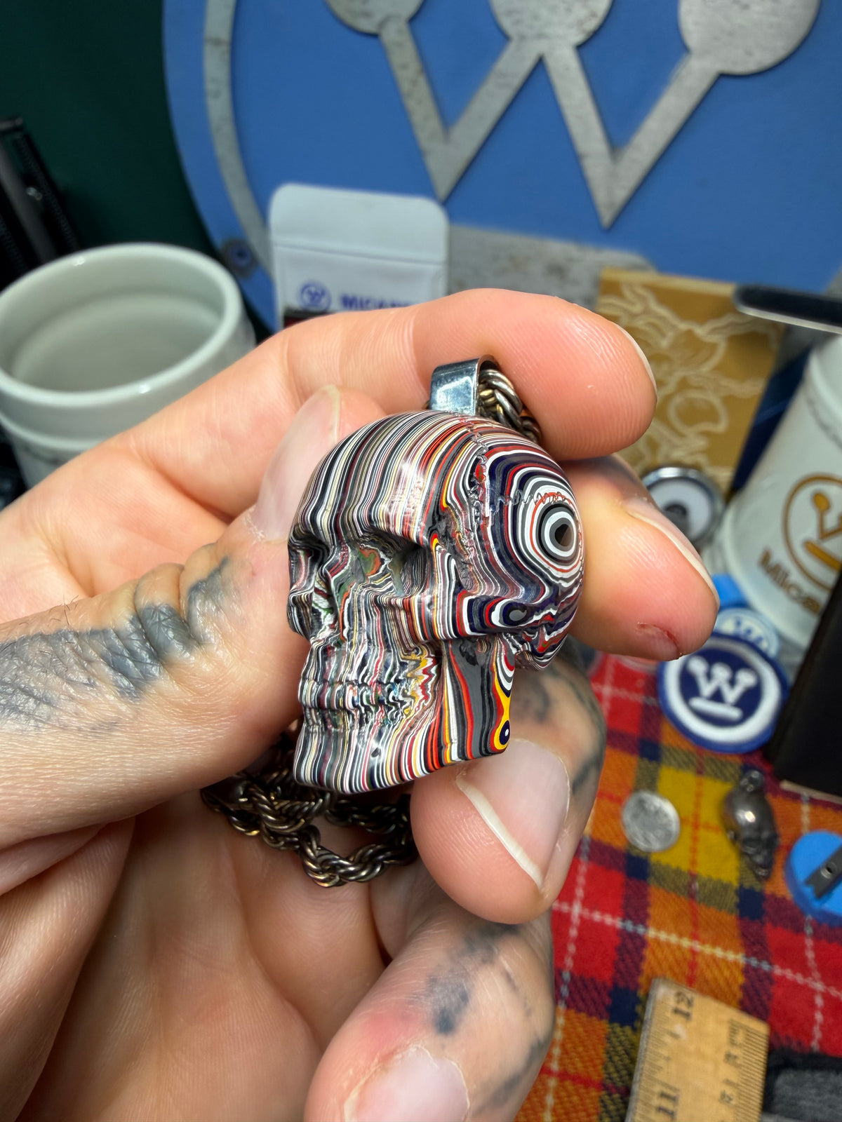 Hand-Carved Fordite Skull Pendant By Mark Noll